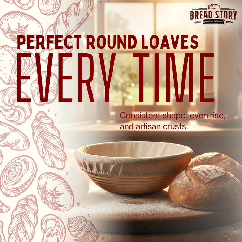 Bread Story Round Banneton Bread Proofing Basket Set â€“ Handmade Rattan Brotform Dough Bowl with Cloth Liner, Sourdough Tools & Baking Supplies for Home Bakers â€“ Baking Kit, 8.5 Inch - Image 4